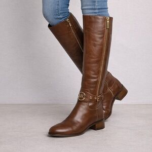 Michael Kors Women’s 8M Tall Brown Leather Riding Boots Gold Logo Side Zip